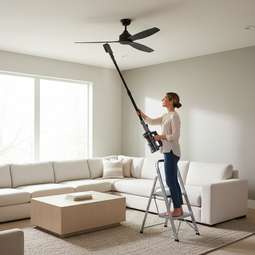 Vacuum brush attachment cleaning ceiling fan blade safely
