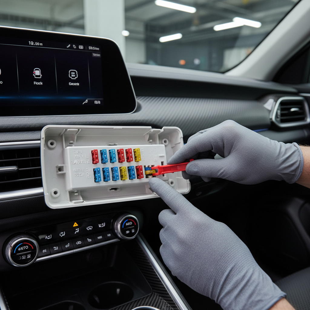Technician checking turn signal fuse and relay in vehicle fuse box
