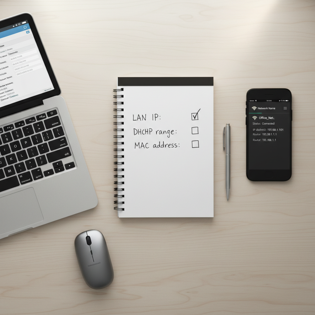 Checklist of router LAN IP, DHCP range, and device MAC address