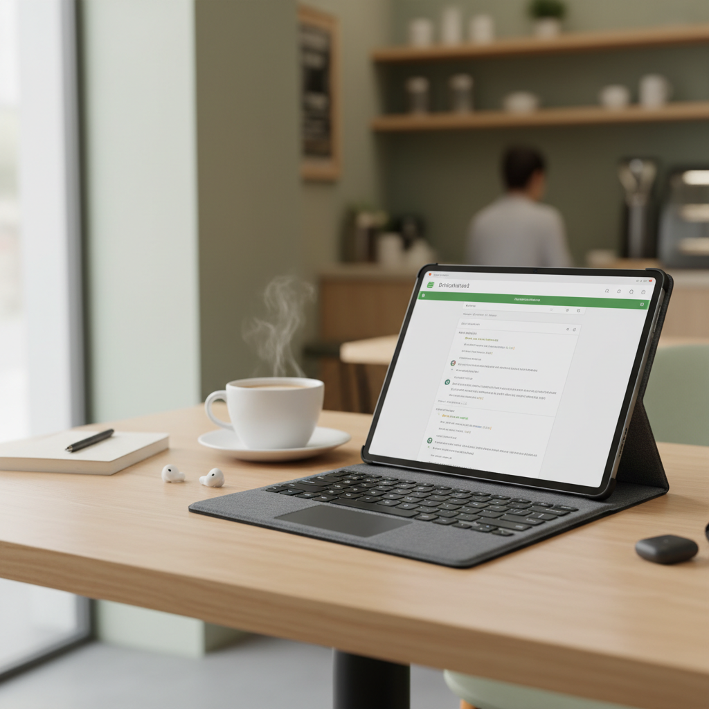 Budget tablet case with keyboard used on a coffee shop table