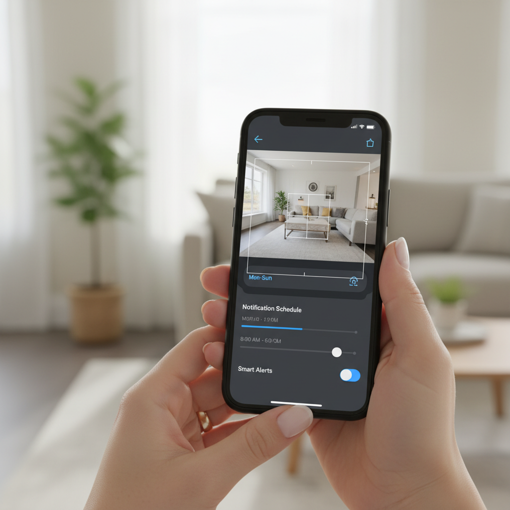 Smartphone security camera app showing motion zones and notification settings
