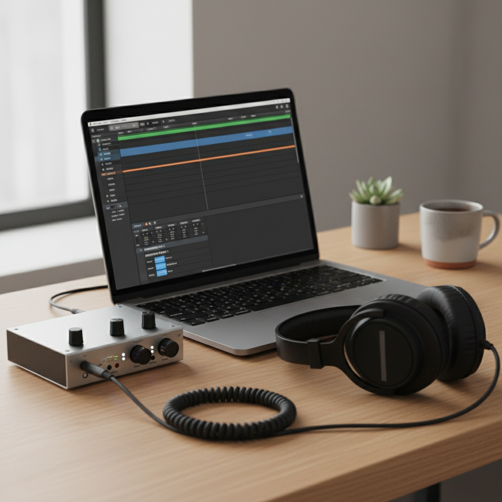 DAW session with reference tracks and headphone monitoring on laptop