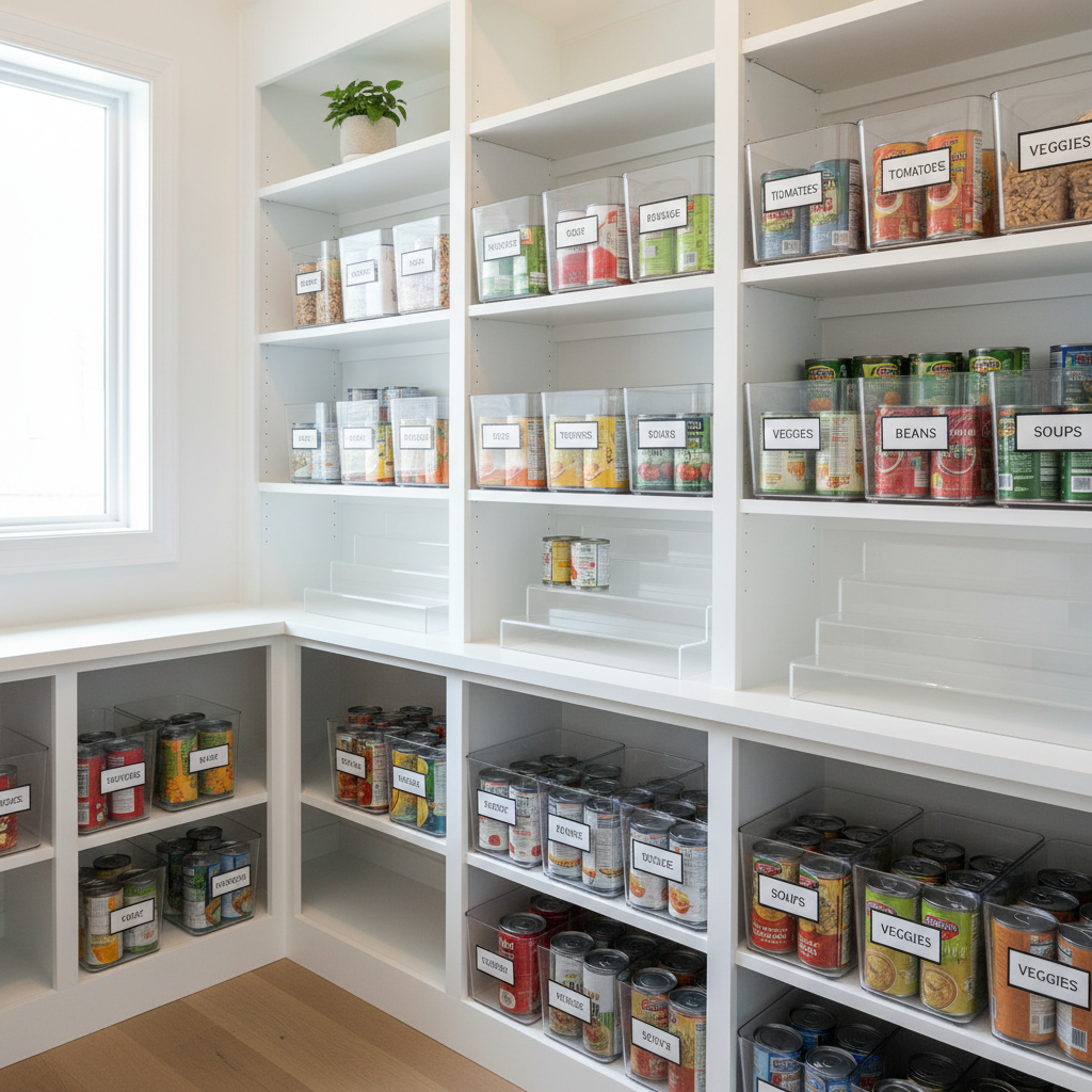 Neatly organized pantry shelves with canned goods grouped by category and labeled bins