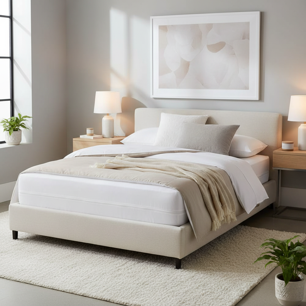 Clean bed setup with mattress and pillow encasements for dust mite control