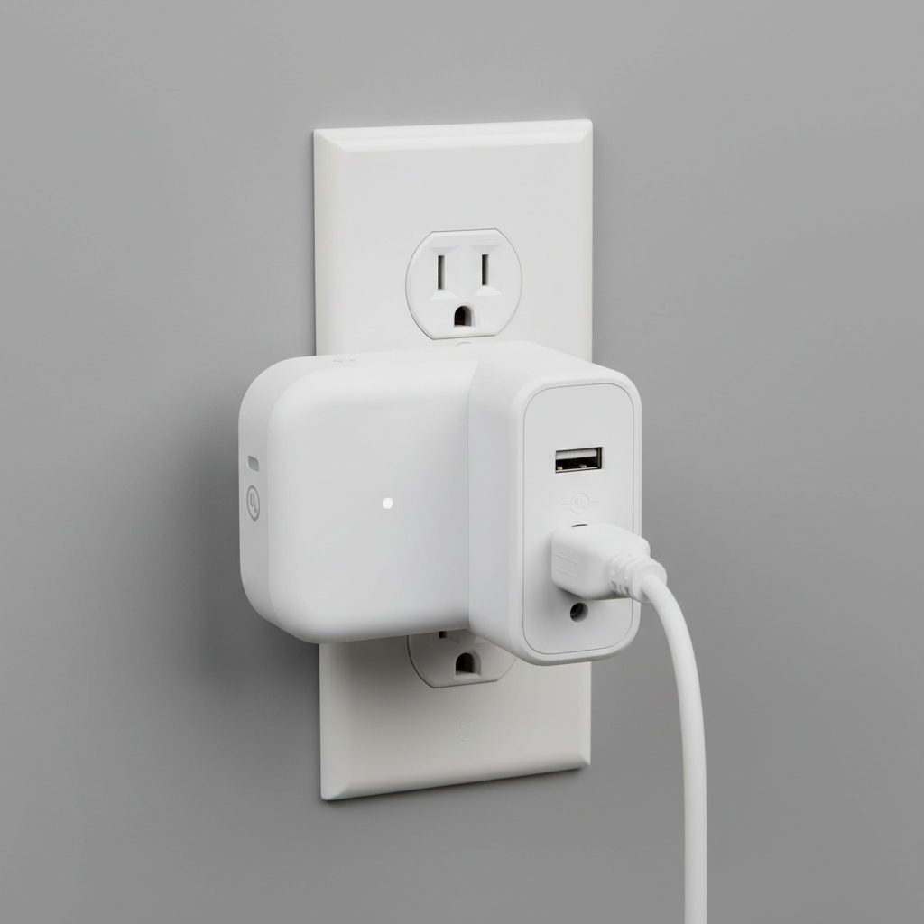 Two smart plugs blocking adjacent outlets showing a spacing problem on a wall receptacle