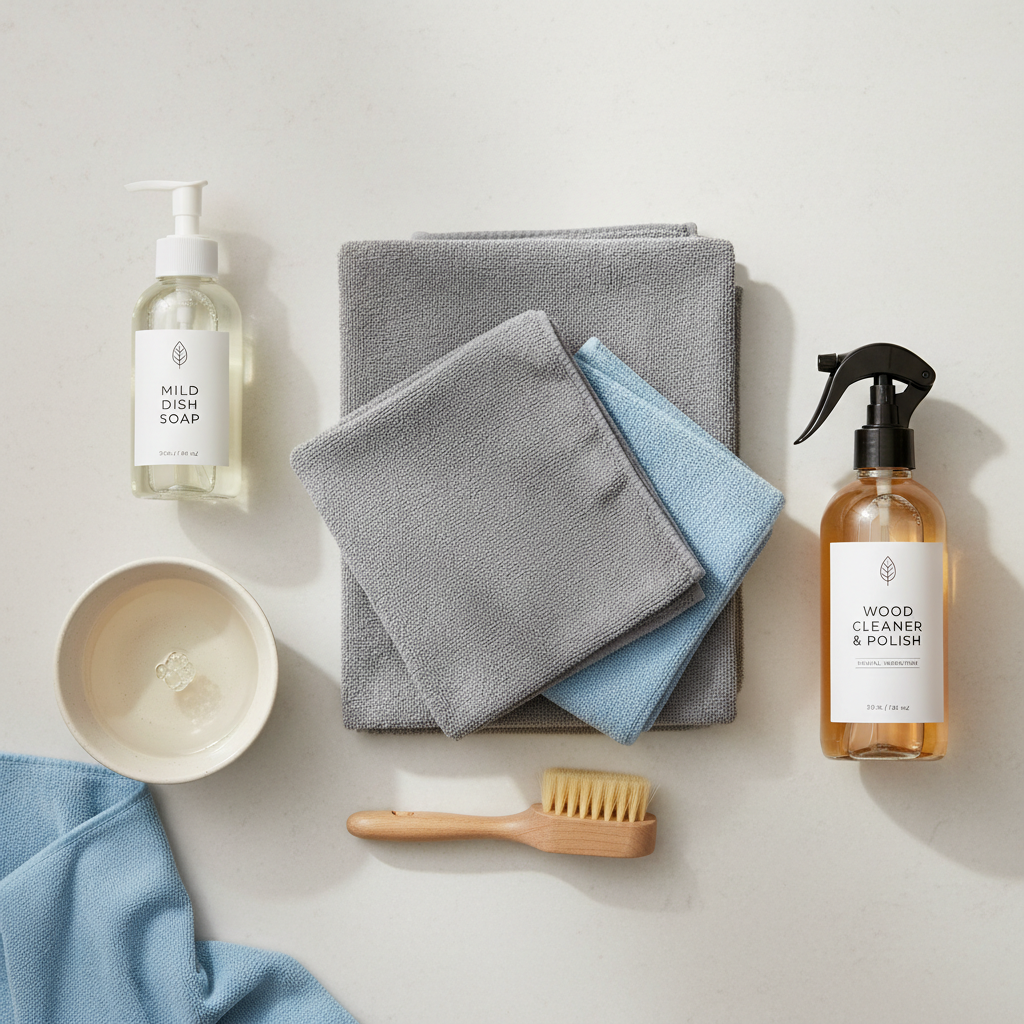 Wood furniture cleaning supplies laid out: microfiber cloths, mild soap, spray bottle
