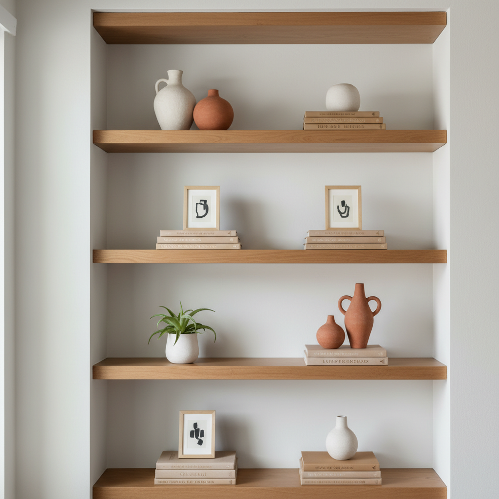 Decorative ceramic vases styled on a living room shelf with books and framed art