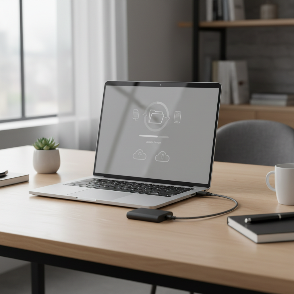 External backup drive connected to PC with cloud backup icons and version history concept