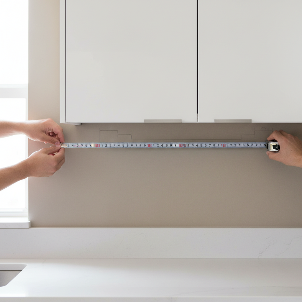 Measuring wall space for a wall mounted wine rack in a small kitchen