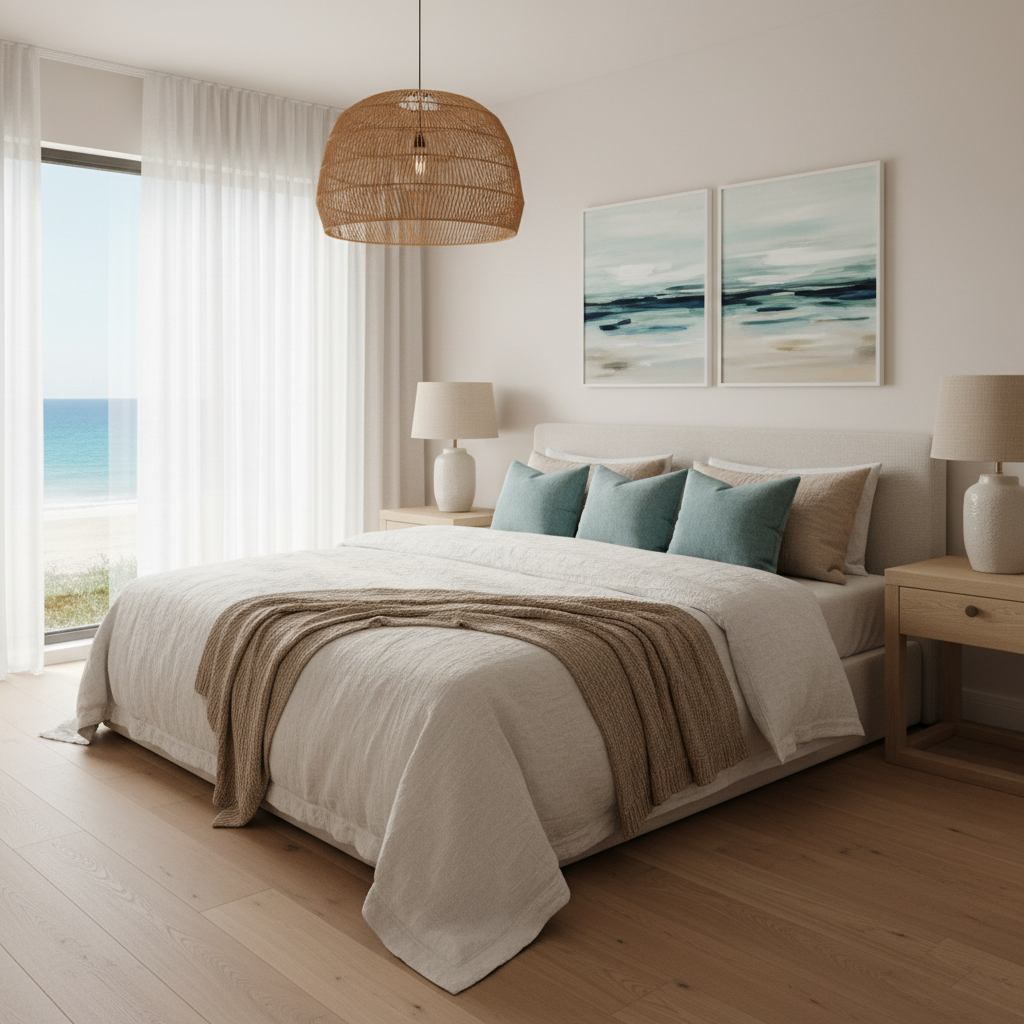Coastal bedroom with layered linen bedding, sea-glass accents, and woven pendant light
