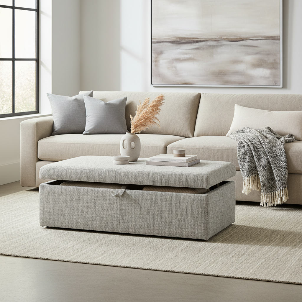 Fabric storage ottoman in a modern living room with hidden blanket storage