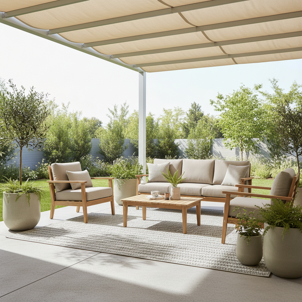 Weather resistant outdoor rug on a covered patio with outdoor furniture