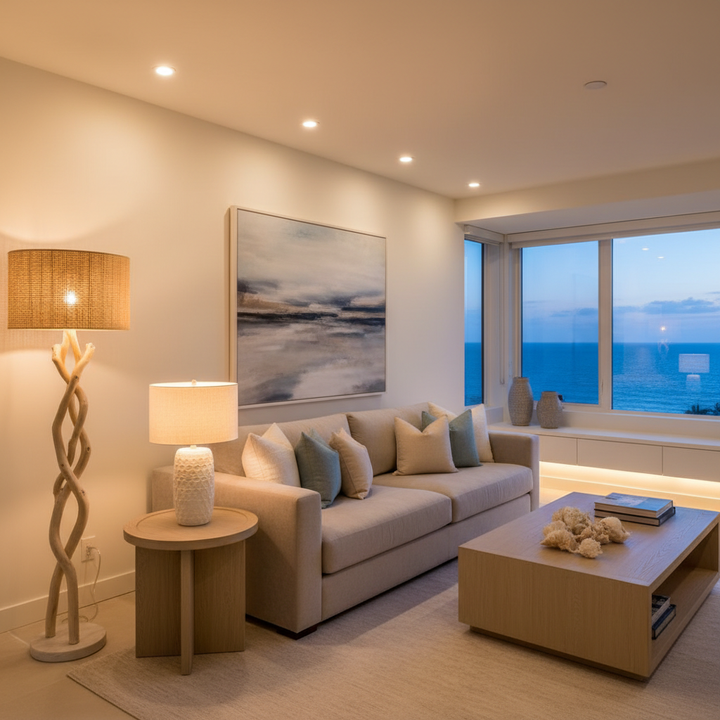 Layered lighting in a neutral coastal living room with table lamp and floor lamp