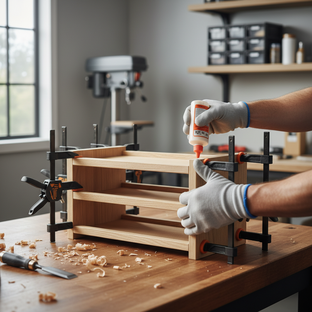 Assembling a tiered wooden spice rack with clamps in a clean garage workshop