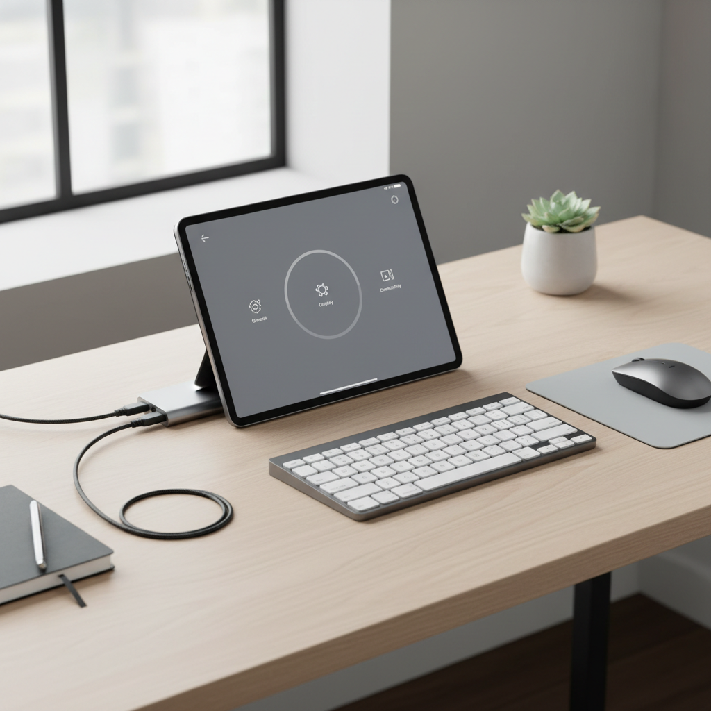 Tablet connected to USB-C hub with mouse and keyboard for troubleshooting