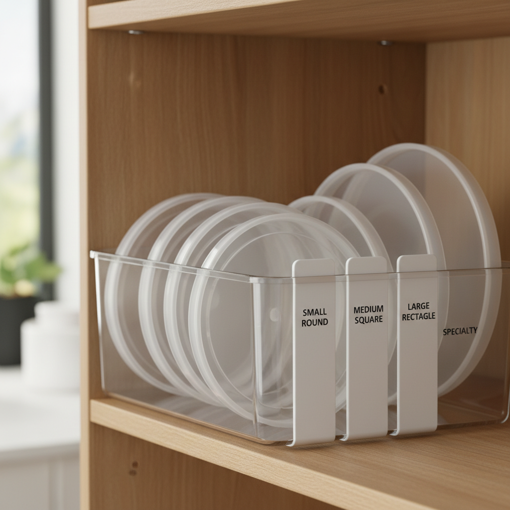 Plastic container lids stored vertically in a bin like files for easy matching