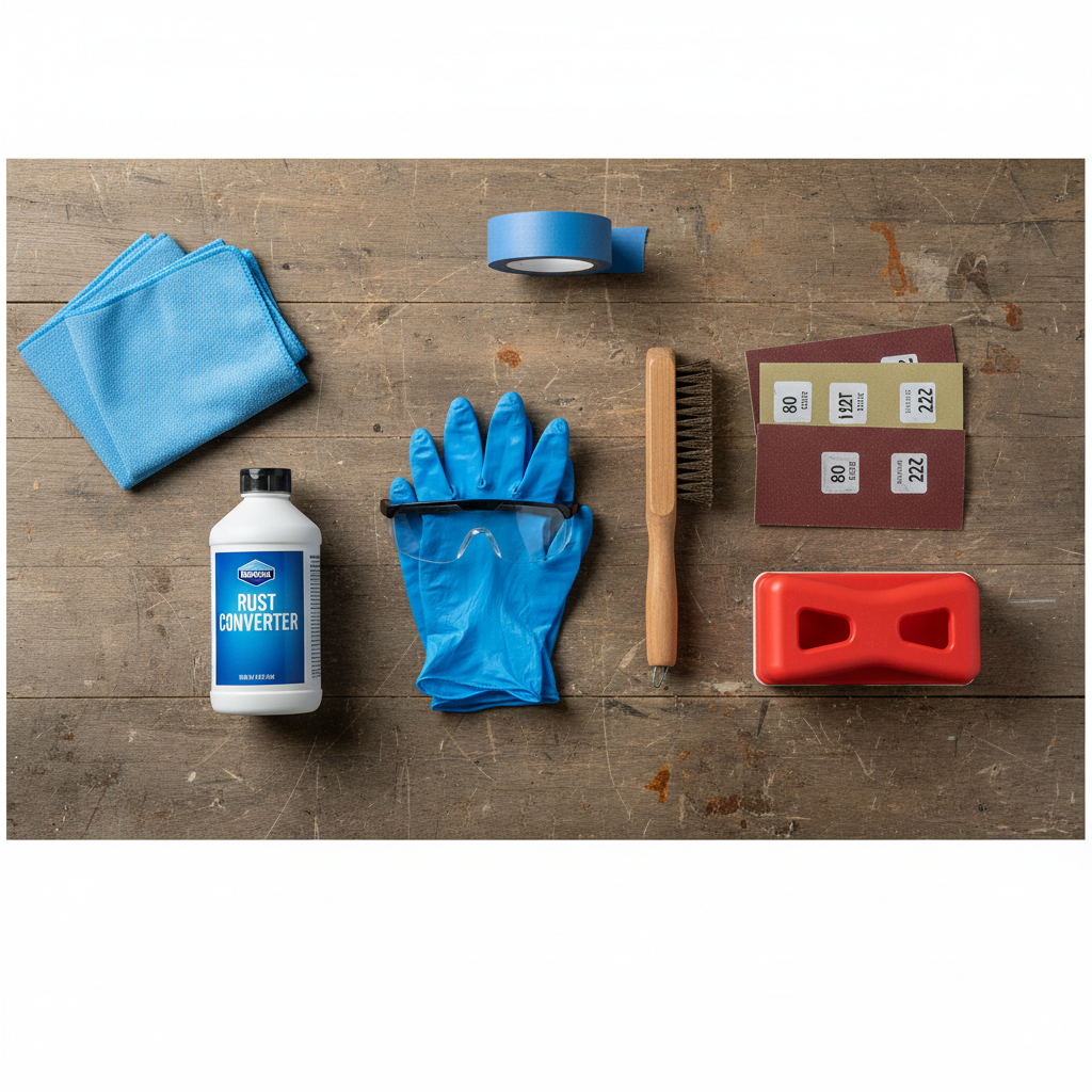 Tools for removing rust from outdoor metal furniture: gloves, wire brush, sandpaper, rust converter
