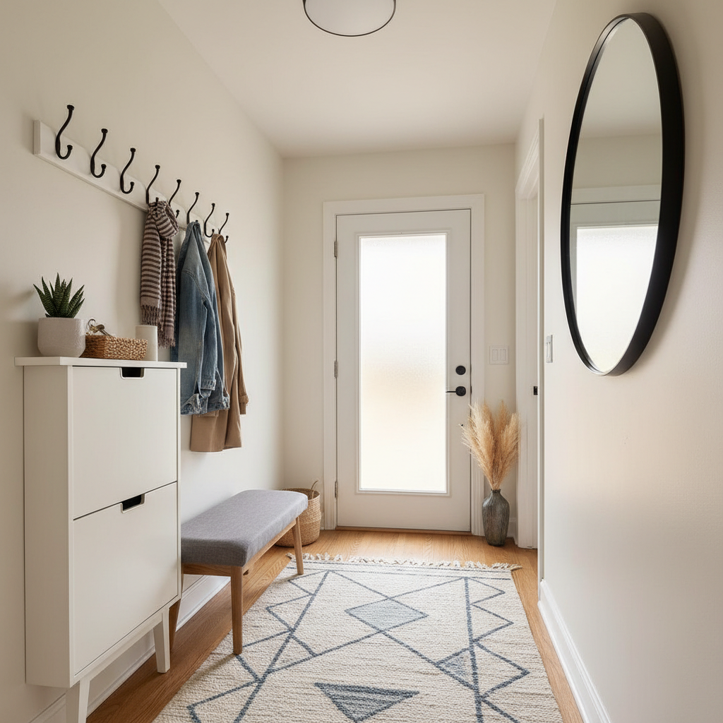 Small hallway entryway with wall hooks and slim shoe storage