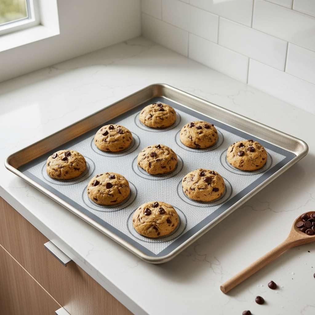 Non stick silicone baking mat on a sheet pan with cookies