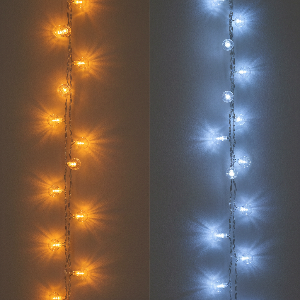 Close-up of warm white vs cool white string lights on a bedroom wall