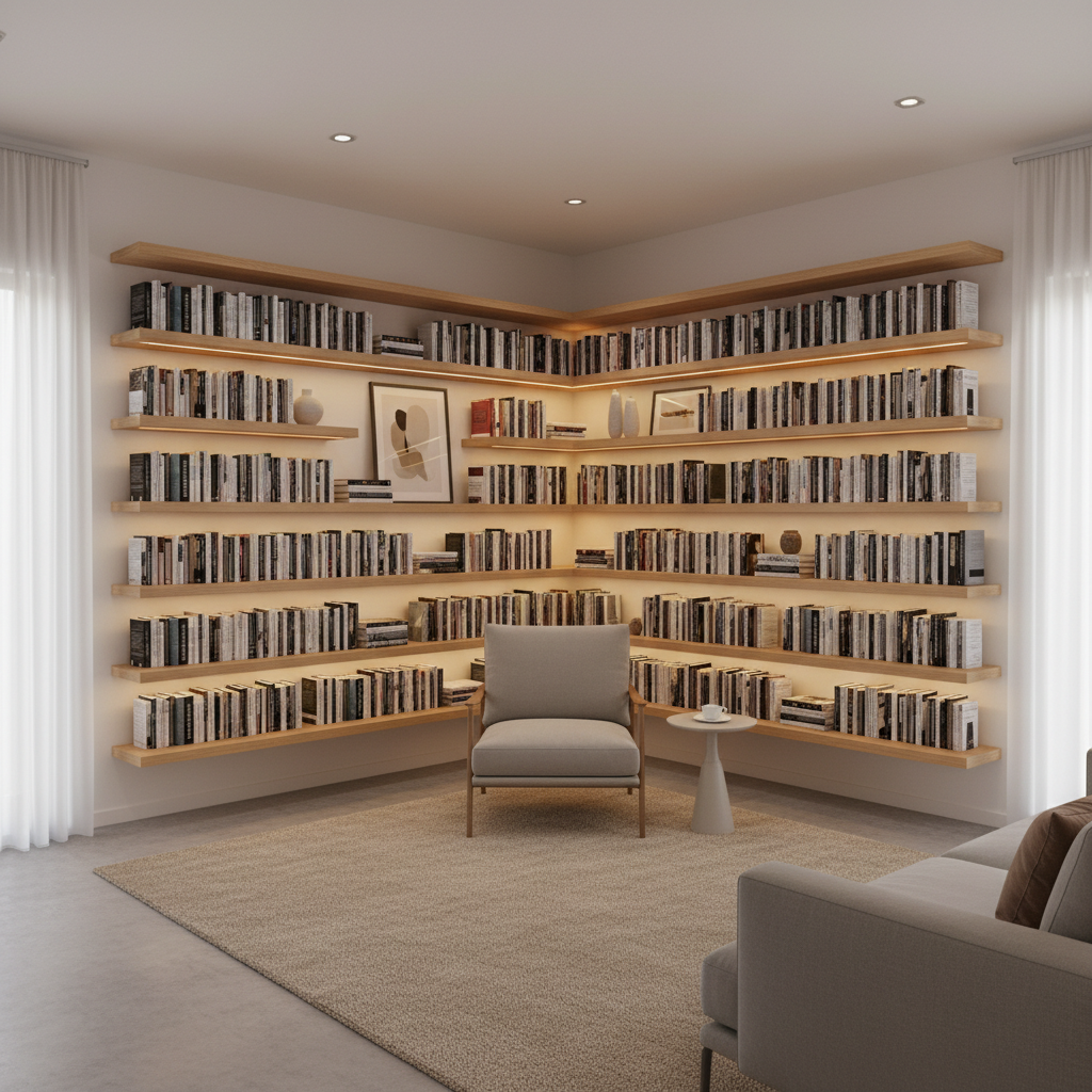 Modern small space library wall with floating shelves in a corner wrap layout