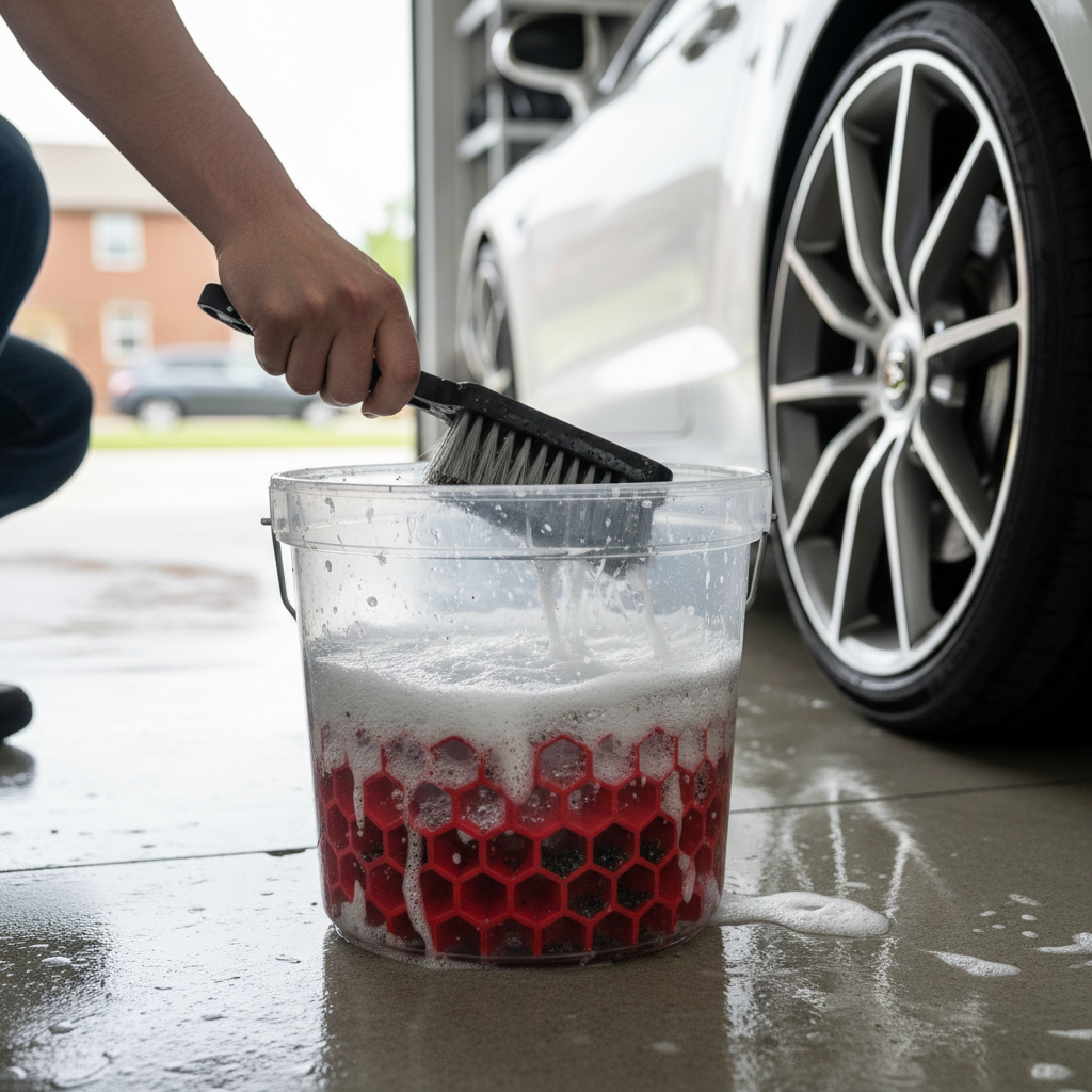Detailer rinsing wheel brush in a separate bucket to prevent scratches