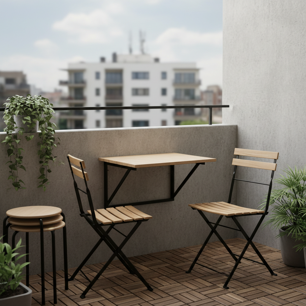Foldable balcony furniture set with wall-mounted table and stacking stools