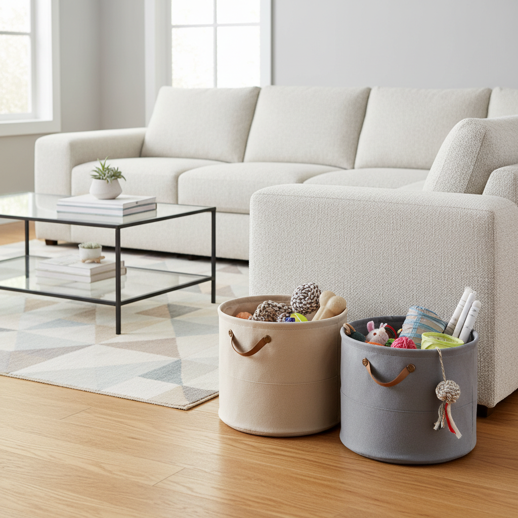 Living room storage bins with neatly organized pet toys