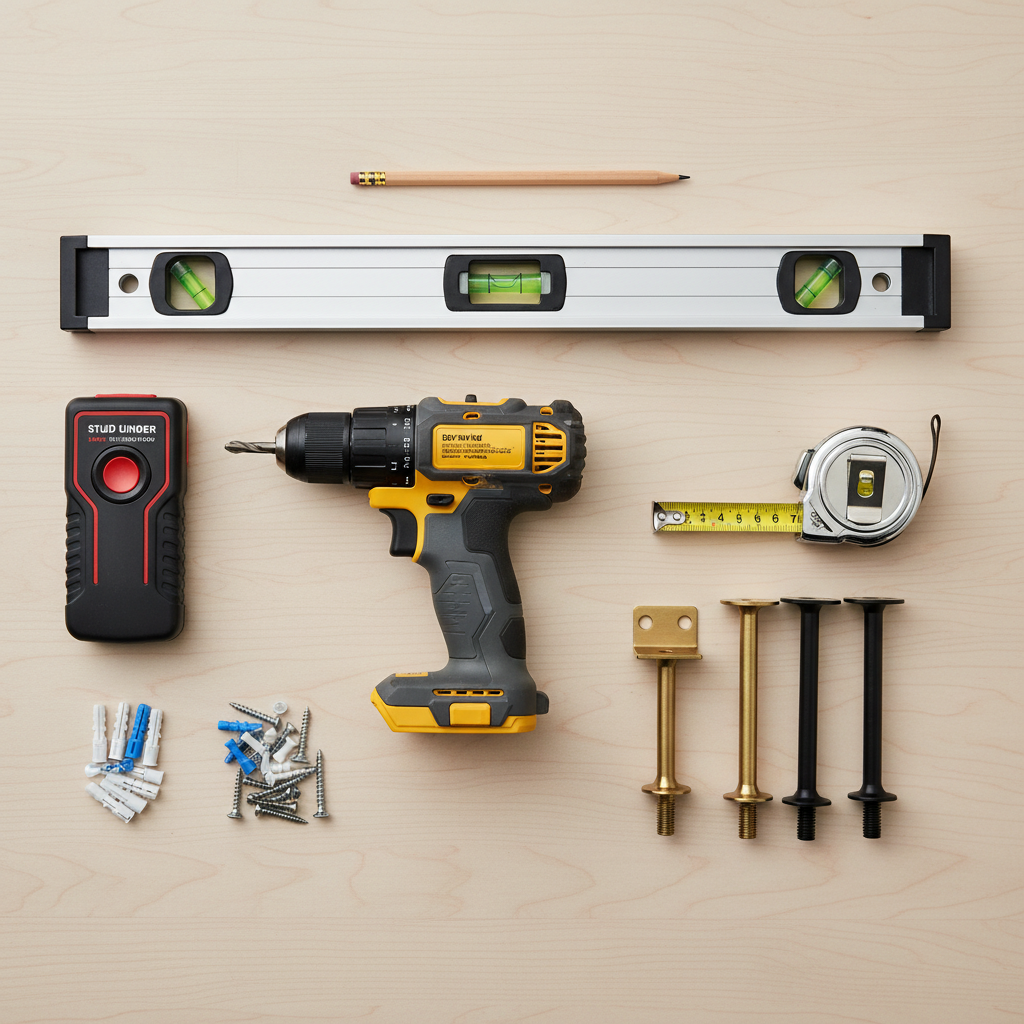 DIY floating shelf tools laid out: level, drill, stud finder, anchors, screws