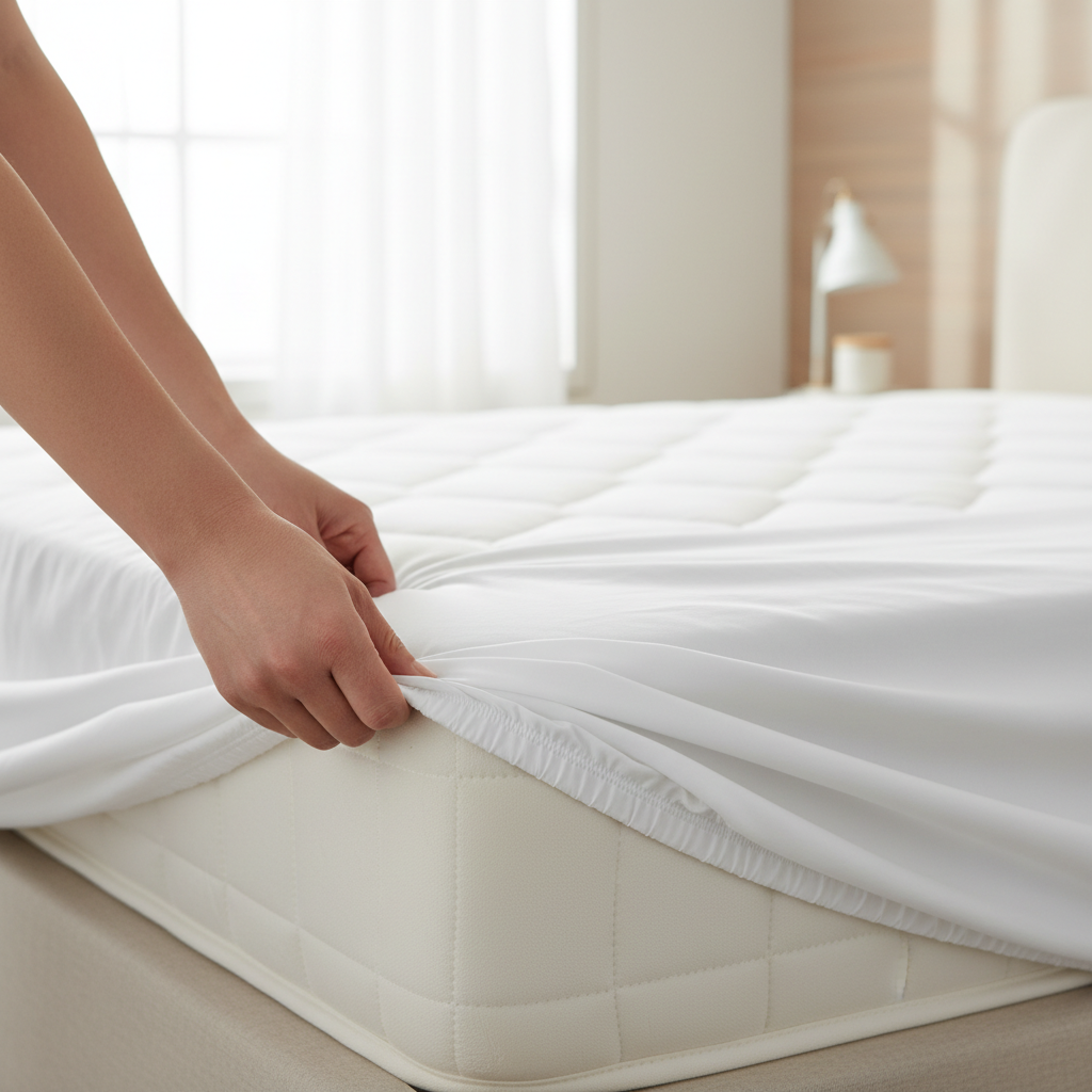 Deep pocket fitted sheet corner stretching over a thick mattress