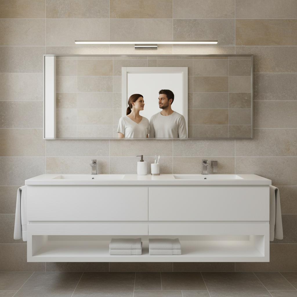 Modern bathroom mirror with LED vanity light showing even face lighting
