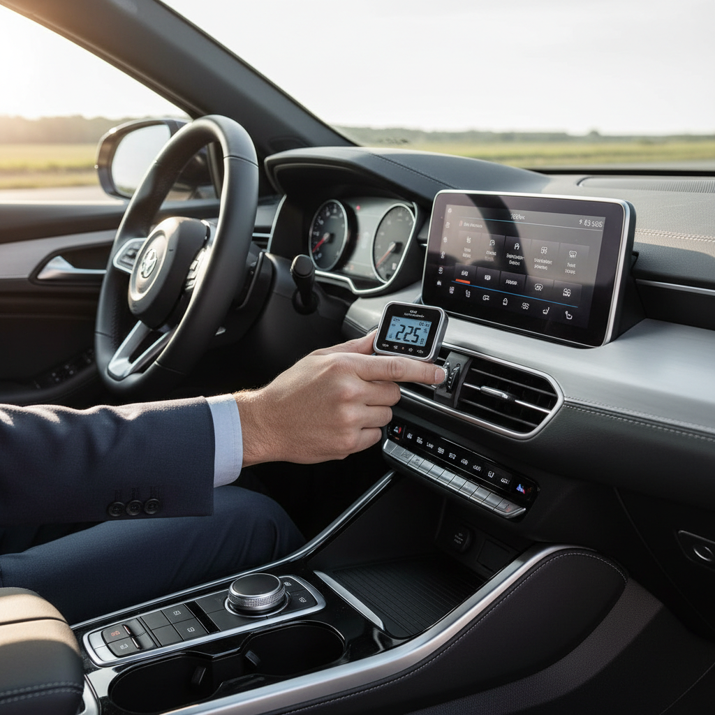 Driver checking car AC vents and temperature with dashboard controls