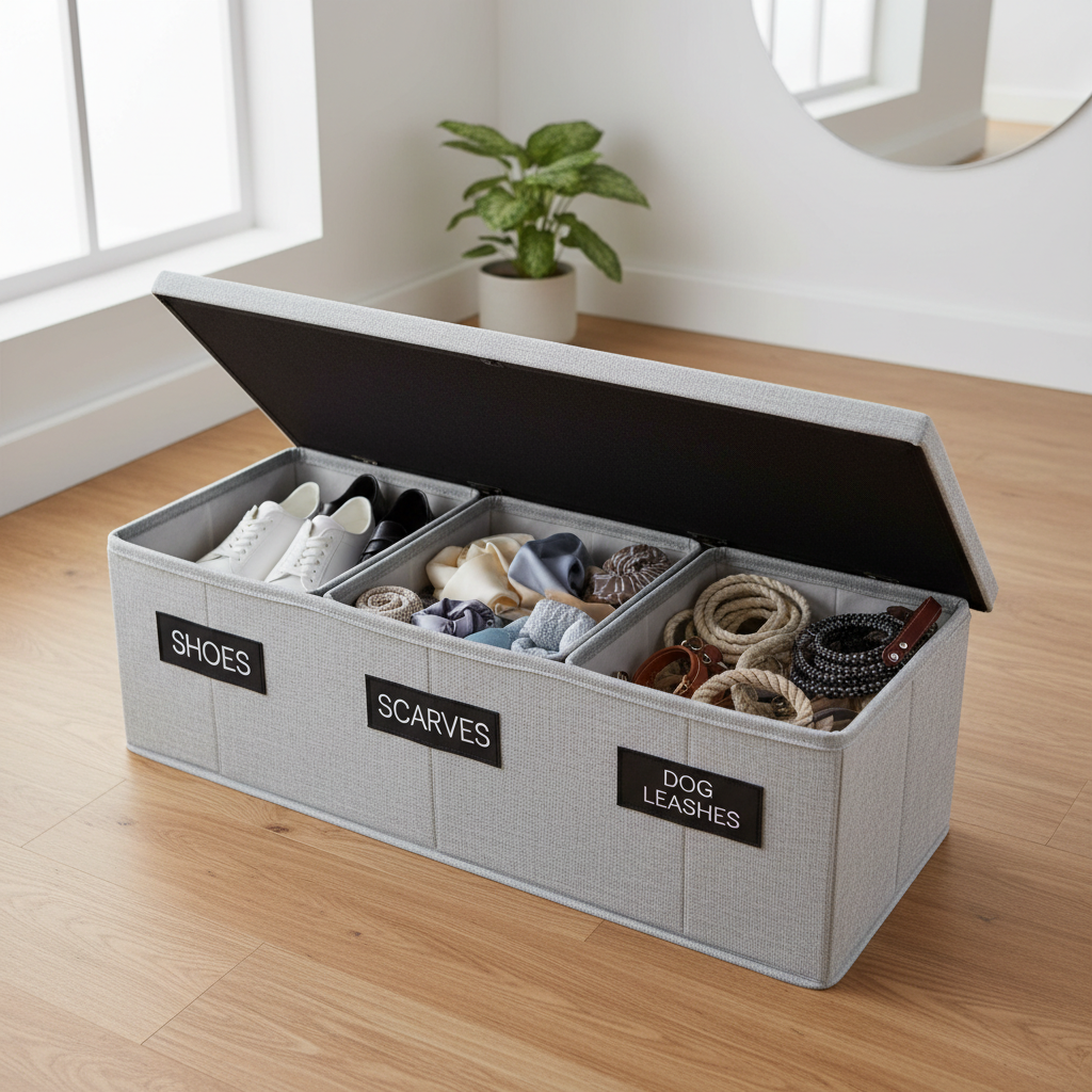 Organized entryway bench storage with labeled bins for shoes and accessories