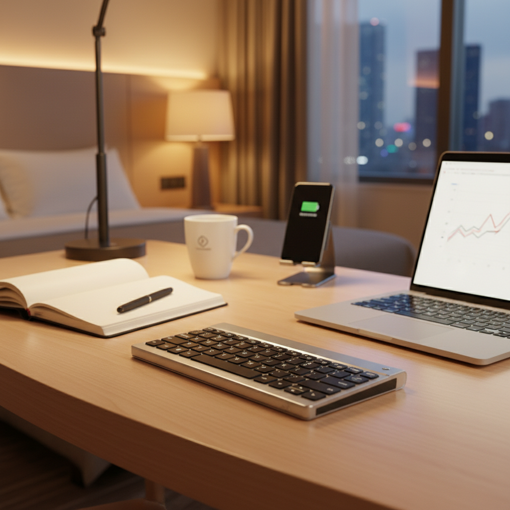 Foldable travel keyboard unfolded on a hotel desk with laptop and notebook