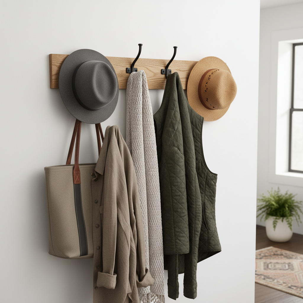 Entryway wall mounted coat hooks with mixed materials black metal and wood holding jackets and hats