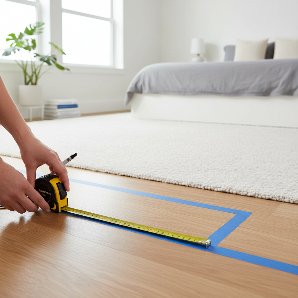 Measuring a small vanity setup with tape and painter’s tape on the floor