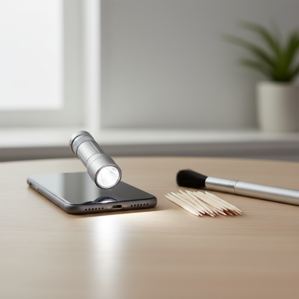 iPhone charging port cleaning setup with flashlight and nonmetal tools
