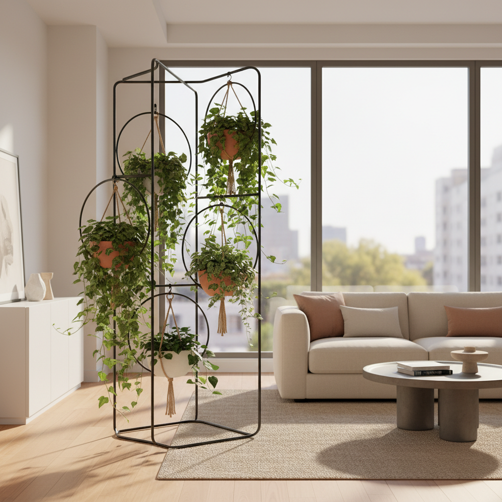 Freestanding plant stand with multiple hanging planters near a sunny window