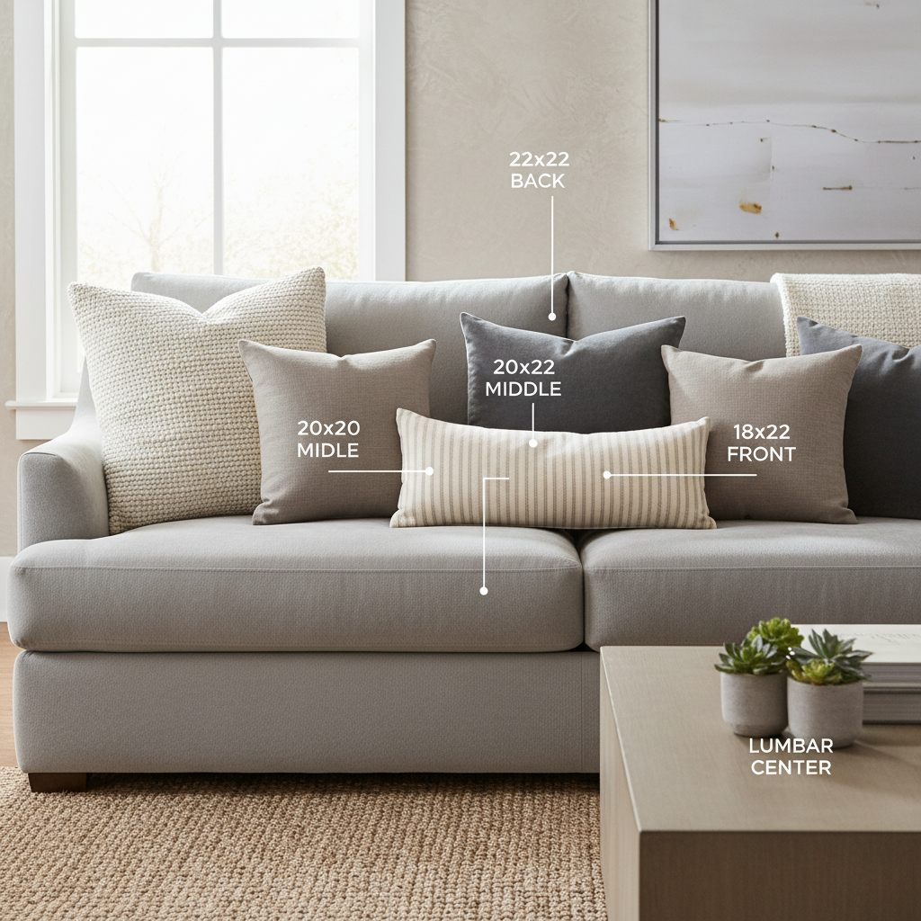 Decorative throw pillow size guide on a sofa showing 22x22, 20x20, 18x18 and lumbar placement