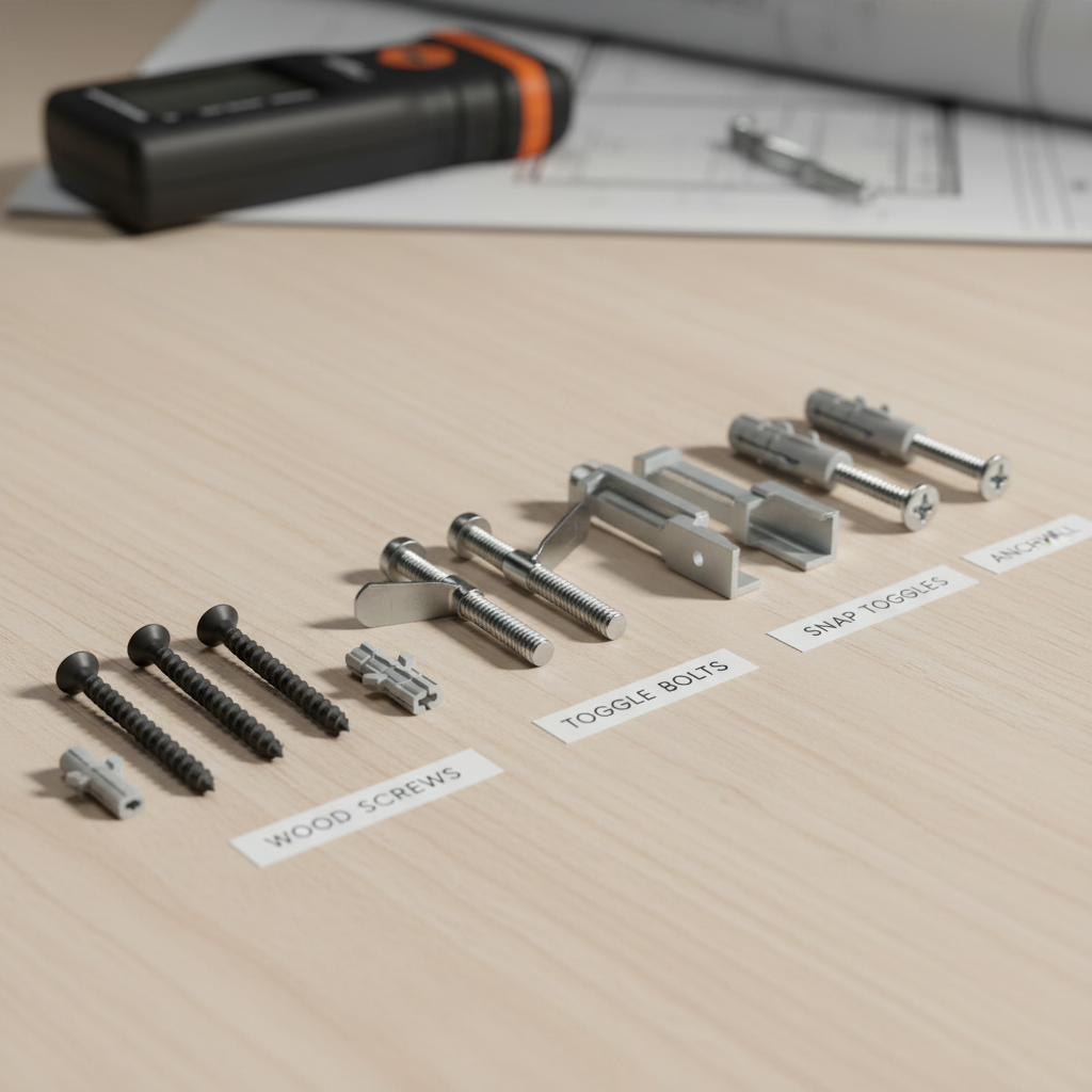 Comparison of drywall anchors, toggle bolts, and wood screws for shelf mounting