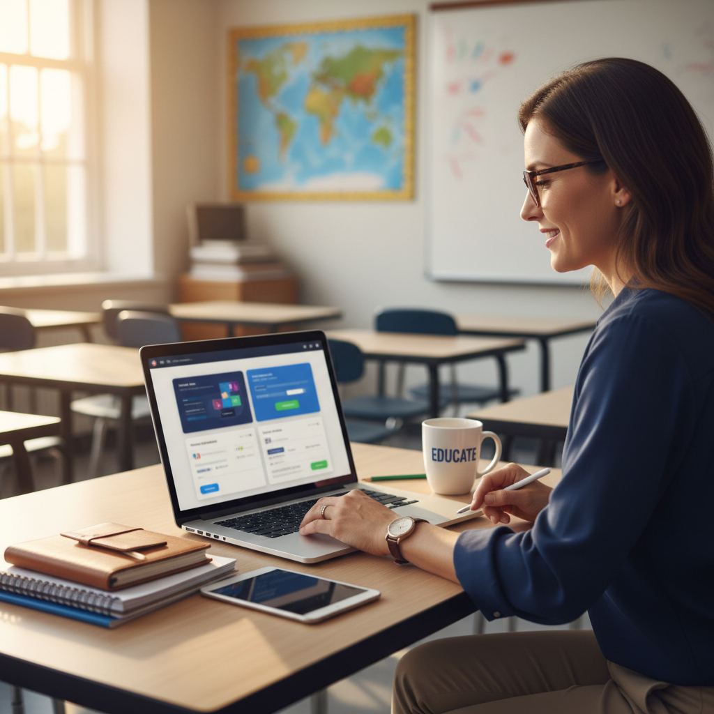 Teacher comparing free AI quiz makers on a laptop for classroom use