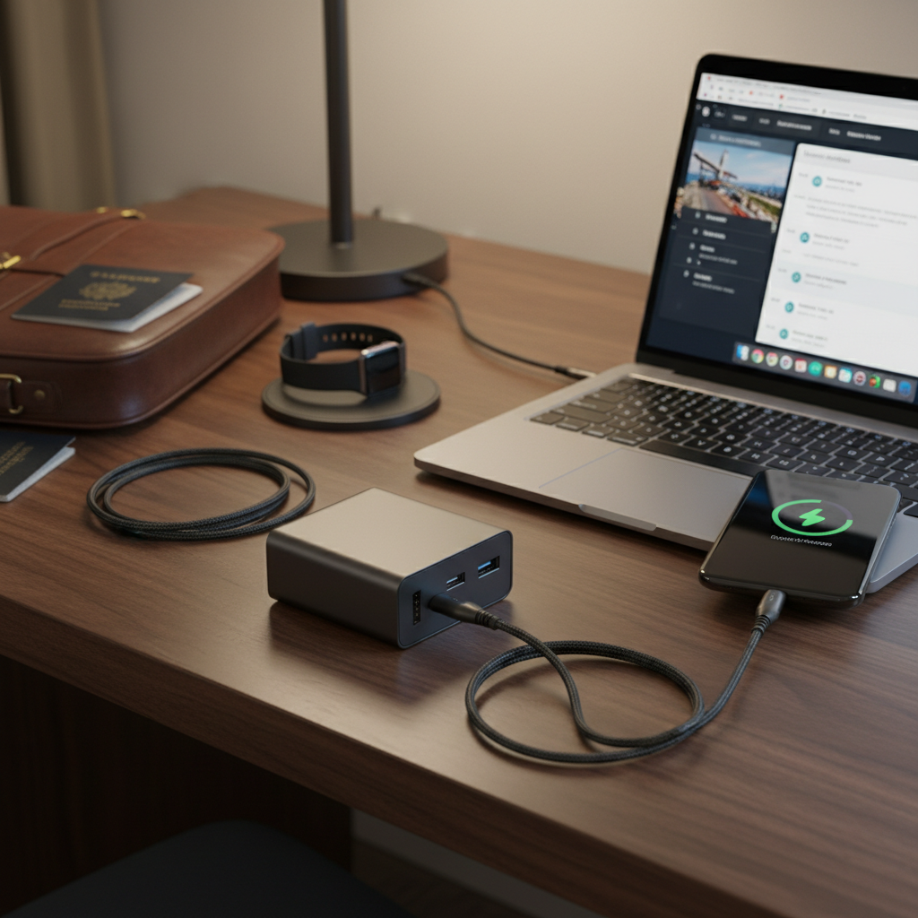 Travel charging setup with USB-C charger powering laptop and smartphone