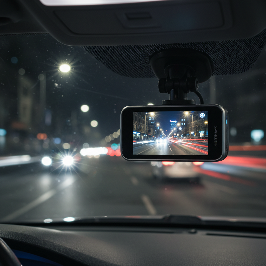 Affordable dash cam mounted on windshield showing clear night road footage
