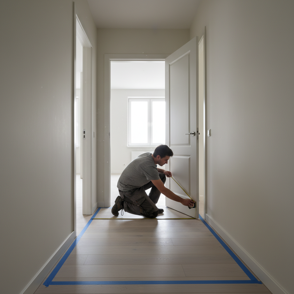 Measuring a narrow hallway for a slim storage cabinet with tape measure and door clearance