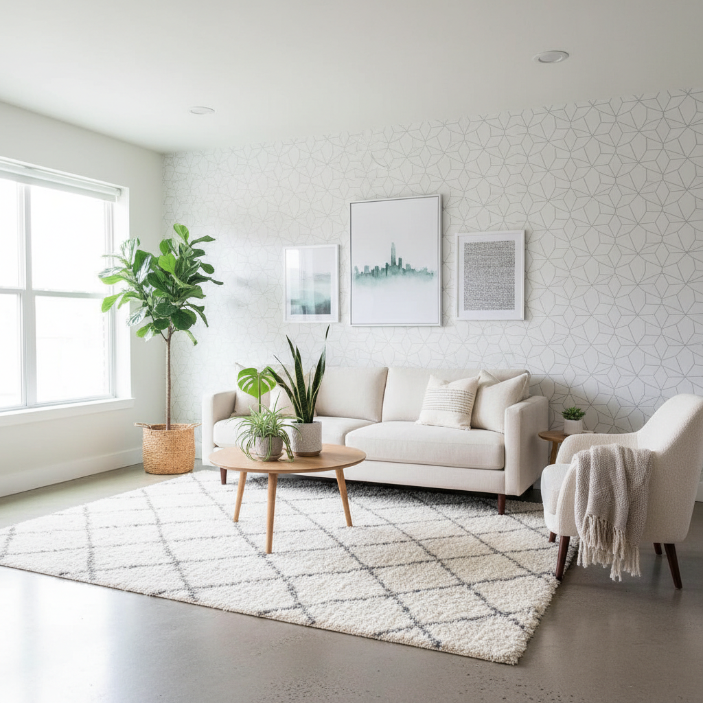 Rental living room decorated with peel-and-stick wallpaper and removable art hooks