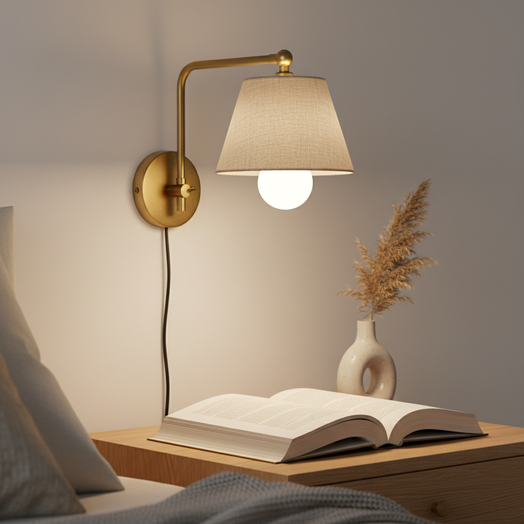 Bedside reading light setup with adjustable wall sconce and warm bulb