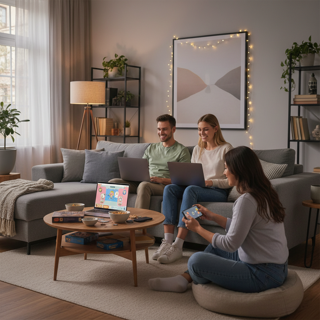 Friends playing free no-download browser party games on laptops at home