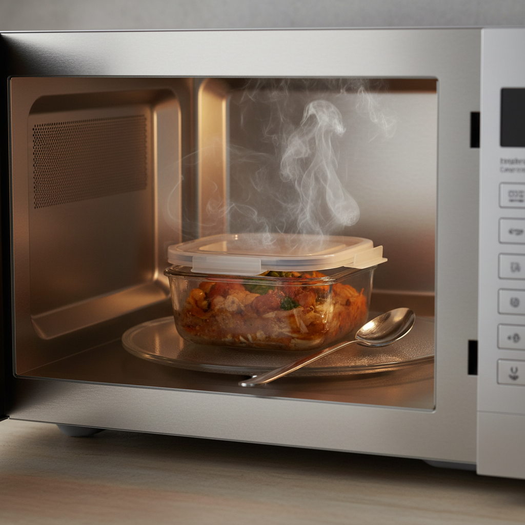 Microwave reheating glass container with vented lid and stirred food
