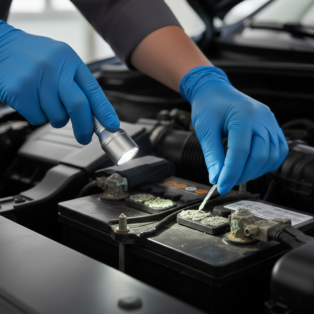 Close-up inspection of battery terminals using flashlight and gloves