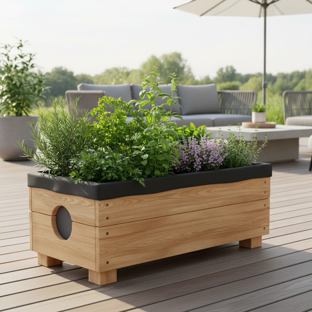 DIY cedar planter box on deck with liner and pot feet installed